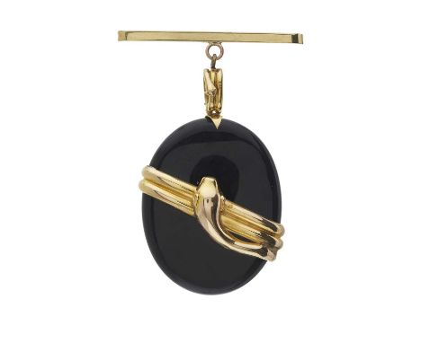 A 19th century 15ct gold onyx locket pendant, with coiled snake overlay and surmount, suspended from an 15ct gold bar brooch 