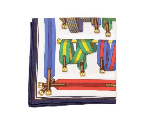 Hermes, a small Les Sangles silk scarf, designed by Joachim Metz and first issued in 1985, featuring a selection of multicolo