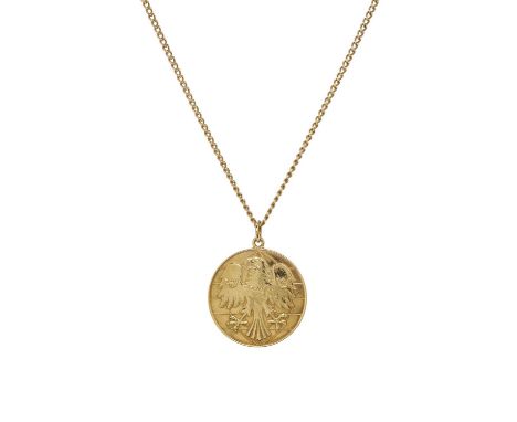 An 18ct gold heraldic spread eagle medallion pendant, with curb-link chain, pendant stamped 750, clasp stamped 375, length of