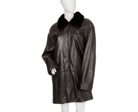 A men's black leather jacket with mink fur trim, the soft nappa leather jacket, featuring two exterior pockets, concealed zip