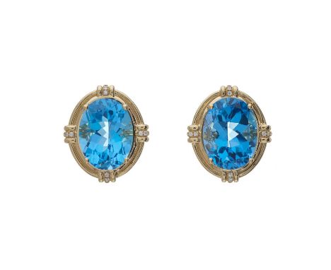 A pair of 18ct gold oval-shape blue topaz stud earrings, with brilliant-cut diamond accent surround, total blue topaz weight 