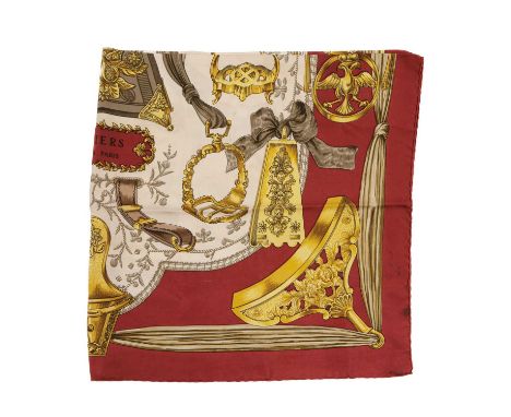 Hermes, an Etriers silk scarf, designed by Francoise de la Perriere, first issued in 1964, and features a variety of stirrups