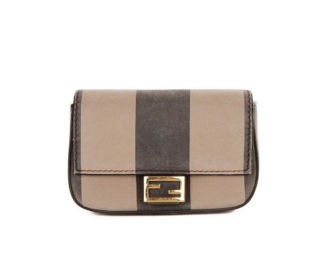 Fendi, a Nano Pequin baguette mini bag charm, designed with a striped nubuck exterior, gold-tone hardware, flap closure with 