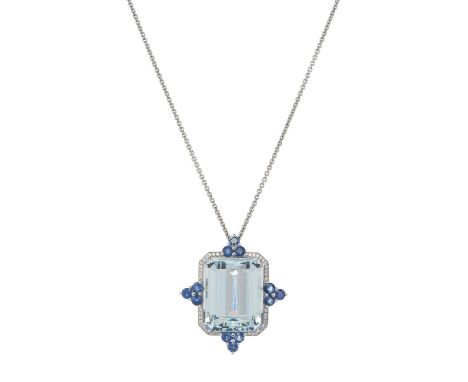 A platinum aquamarine and brilliant-cut diamond cluster pendant, with sapphire trefoil highlights, suspended from a trace-lin