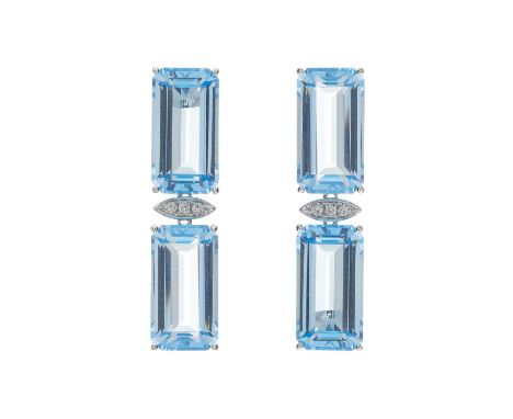A pair of 18ct gold blue topaz and diamond drop earrings, total blue topaz weight 30.40ct, total diamond weight 0.066ct, each