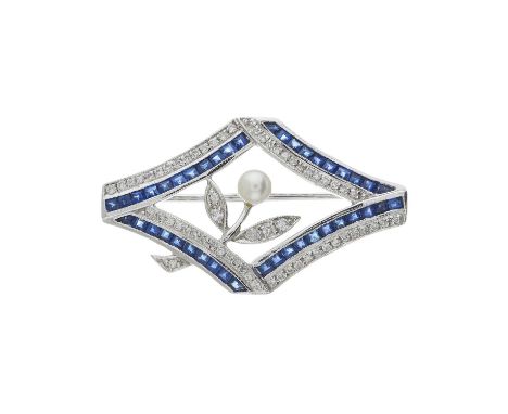 An 18ct gold brilliant-cut diamond, calibre-cut sapphire and cultured pearl floral brooch, estimated total diamond weight 0.3