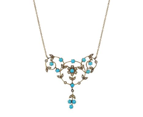 An Edwardian gold turquoise cabochon and split pearl floral openwork necklace, with integral trace-link back chain, length of