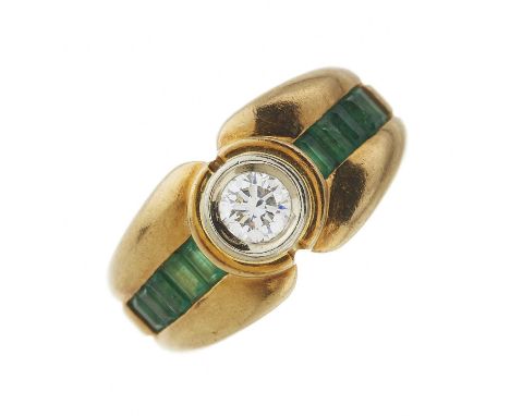 Alain Roure, an 18ct gold brilliant-cut diamond single-stone band ring, with calibre-cut emerald shoulders and tapered band, 