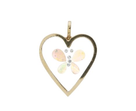 A gold heart-shape glazed pendant, with encapsulated opals and single-cut diamonds to form a butterfly, estimated total diamo