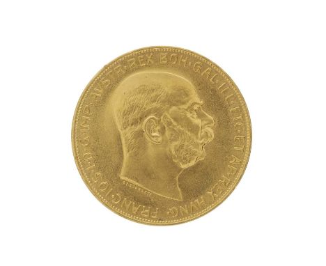 Francis Joseph I, a gold Austrian Empire one hundred corona coin, dated 1915, with Imperial Eagle reverse, diameter 3.7cm, 33