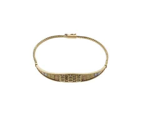 An 18ct tri-colour gold panel bracelet, stamped 750, Italian marks, length 18cm, 10.9gOverall good conditionWidth of bracelet