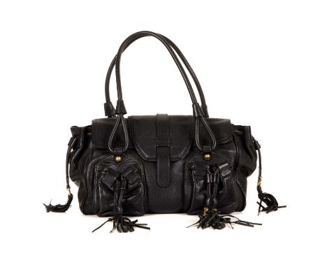 Salvatore Ferragamo, a black leather handbag, designed with brushed gold-tone hardware, two front patch pockets, tasselled dr