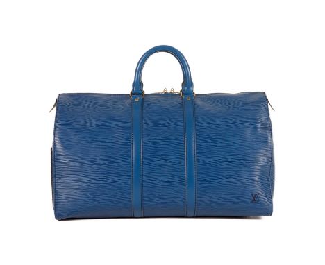 Louis Vuitton, a blue epi Keepall 45 luggage bag, featuring a blue textured leather exterior and smooth leather trim, with a 