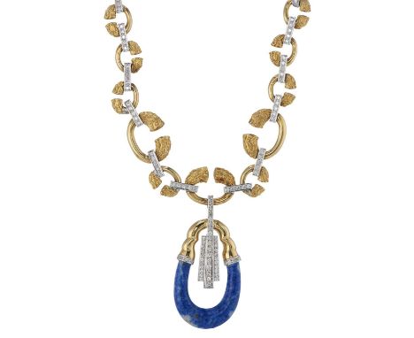 An impressive 1970s 18ct bi-colour gold circular-cut diamond and lapis lazuli necklace, with alternating brilliant-cut diamon