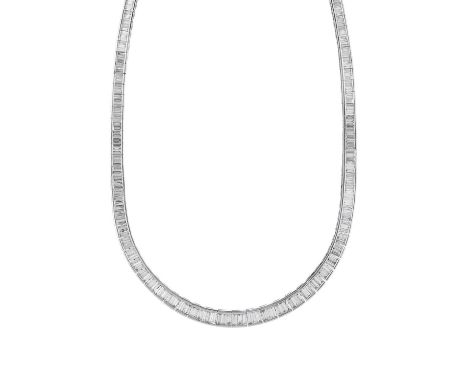 An impressive 18ct gold graduated calibre-cut diamond line riviere necklace, total diamond weight 19.44ct, engraved to clasp,