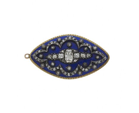A 19th century gold blue enamel and old vari-cut diamond pendant brooch, principal diamond measures approximately 6.3mm by 4m