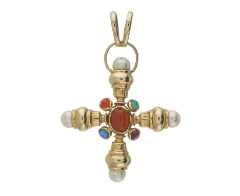A 14ct gold multi-gem cross pendant, gems to include carnelian, garnet, chrysoprase, sapphire and cultured pearl, stamped 14k
