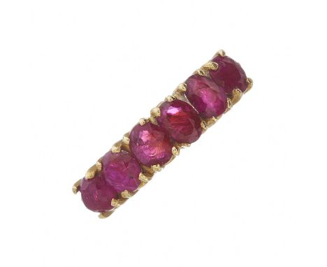 An 18ct gold slightly graduated ruby six-stone ring, estimated total ruby weight 2ct, ring size N, 2.5gOverall good condition