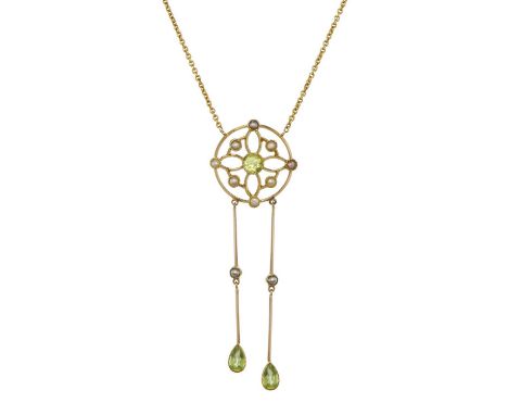 An Edwardian gold peridot and split pearl negligee necklace, length of pendant 5.5cm, length of necklace 44cm, 4.6gOverall go