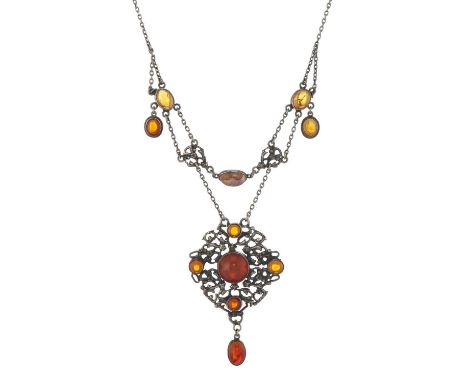 Edward Spencer for the Artificers Guild (attributed), an Arts &amp; Crafts silver fire opal cabochon openwork necklace, with 
