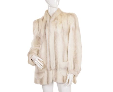 An azurene/pearl mink fur jacket, designed with a short Mandarin collar with long hanging neck ties, barrel sleeves with fitt
