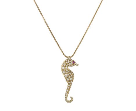 Boodles, an 18ct gold brilliant-cut diamond and ruby seahorse pendant, with chain, maker's marks for Boodles &amp; Dunthorne,