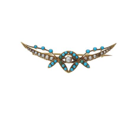 An Edwardian gold turquoise and pearl winged brooch, partial stamp, length 5.4cm, 6.8gOverall good conditionTurquoise vary fr
