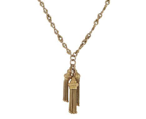 A late Victorian 9ct gold fancy-link Albertina necklace, with tassel pendant, hallmarks for Birmingham 1891, length of pendan