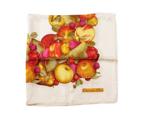 Christian Dior, a silk scarf, featuring a wide border of fruits including apples, pears, plums, raspberries and strawberries 