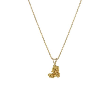 A gold nugget pendant, suspended from a 14ct gold chain, chain stamped 14kt, length of pendant 2.3cm, length of chain 51.5cm,