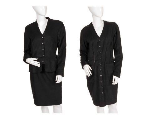 Thierry Mugler, two ladies outfits, both of a similar style, to include a black knee-length cardigan dress, with full front s