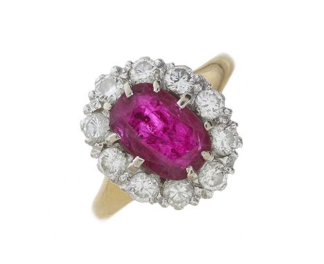 An 18ct gold ruby and brilliant-cut diamond cluster ring, ruby estimated weight 1.60ct, estimated total diamond weight 0.80ct