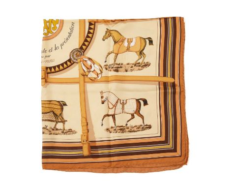 Hermes, a Couvertures Et Tenues De Jour silk scarf, designed by Jacques Eudel in 1974, featuring an array of show horses dres