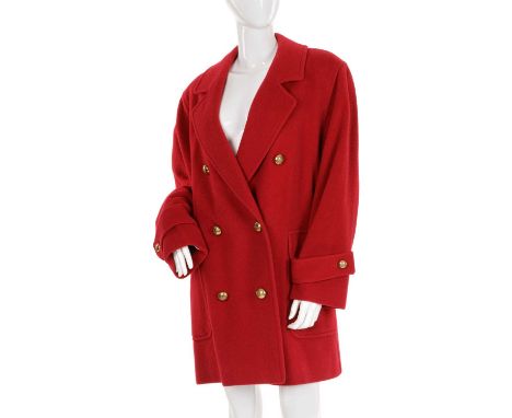 Burberry, a ladies red wool camelhair coat, featuring a notched lapel collar, gold-tone double-breasted button fastening, two