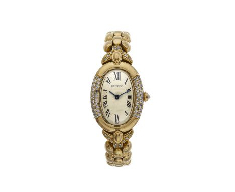 Cartier, an 18ct gold diamond Baignoire bracelet watch, factory diamond set case, lugs and crown, reference 8057, signed quar