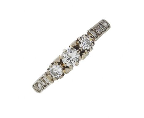 An 18ct gold brilliant-cut diamond three-stone ring, with single-cut diamond sides, estimated total diamond weight 0.60ct, H-