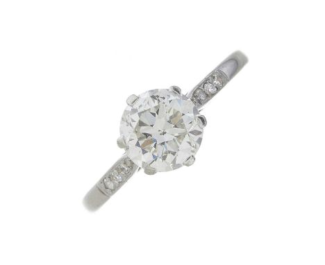 An Art Deco platinum transitional-cut diamond single-stone ring, with diamond shoulders, principal diamond estimated weight 1