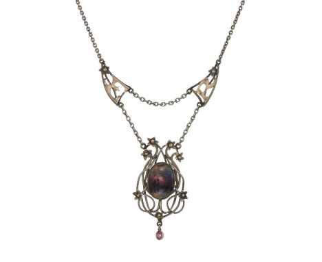 An Arts & Crafts silver and gold, polychrome enamel landscape necklace, with pink tourmaline drop and flower highlights, susp