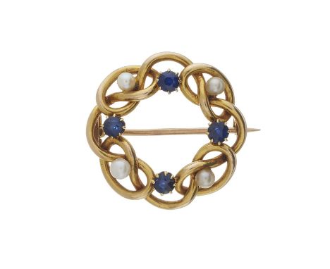 An Edwardian gold sapphire and seed pearl brooch, diameter 2.5cm, 4.5gOverall good conditionSapphires are a deep to dark blue