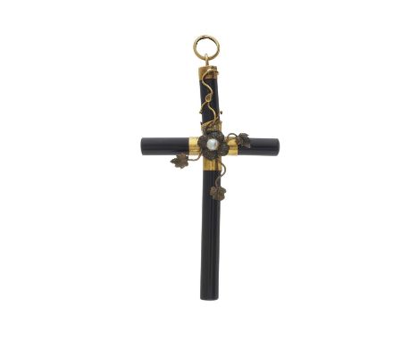 A Victorian gold onyx and pearl cross pendant, with foliate overlay, length 7cm, 7.2gOverall fair conditionSeed pearl with li