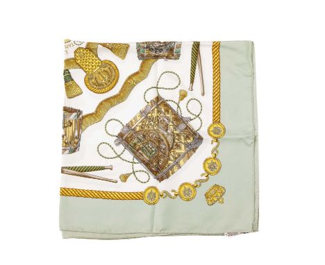Hermes, a Les Tambours silk scarf, designed by Joachim Metz, first issued in 1989, depicting drums used by the battalion drum