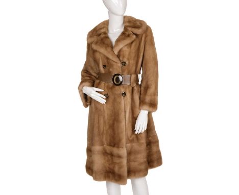 A knee-length fitted pastel mink coat, featuring a notched lapel collar, double-breasted front button fastenings, a beige lea