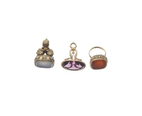 Three 19th century gem-set fobs, one converted into a ring, gems to include carnelian, amethyst and chalcedony, ring size K, 