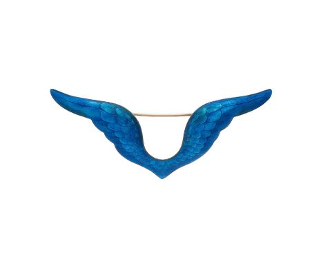 Child &amp; Child, a large Art Nouveau silver blue enamel wings brooch, circa 1905, with gold pin and counter enamelled rever