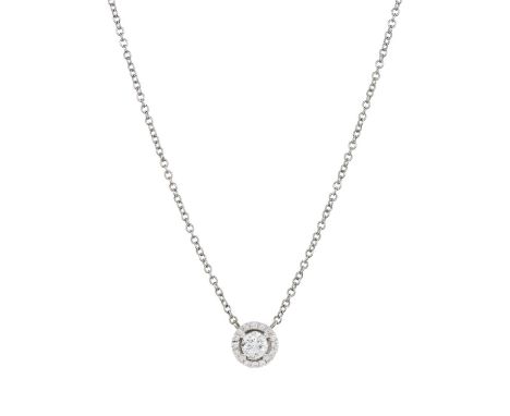 A 14ct gold brilliant-cut diamond cluster pendant, with similarly-cut diamond surround, suspended from an integral trace-link