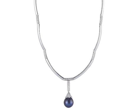 A grey cultured pearl drop necklace, with brilliant-cut diamond cap and similarly-set bar surmount, suspended from a diamond 