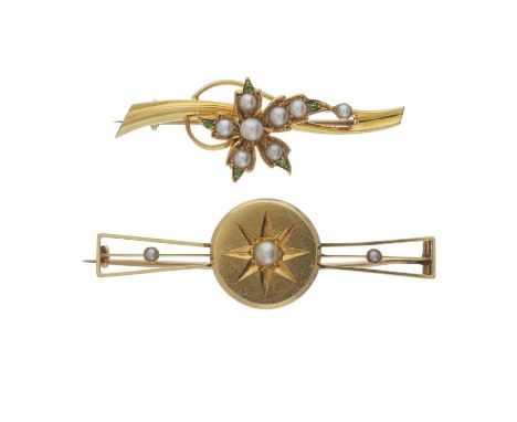 Two early 20th century gold brooches, to include a 15ct gold green garnet and seed pearl flower brooch, one stamped 15c, leng
