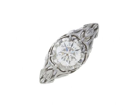 A 14ct gold brilliant-cut diamond single-stone ring, with openwork shoulders and engraved band, diamond estimated weight 0.50