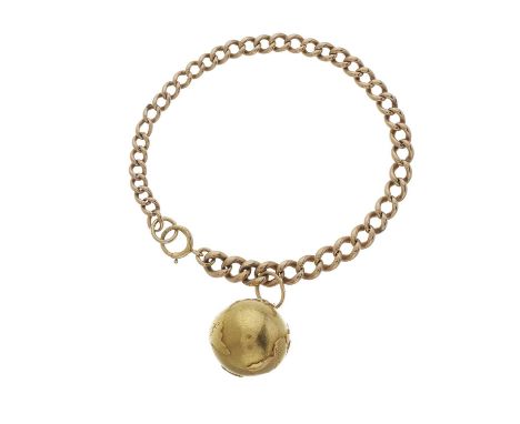A late Victorian gold curb-link bracelet, with globe charm of similar age, charm stamped 750, bracelet stamped 9c, length of 