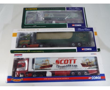 Corgi - three 1:50 scale diecast models comprising 'Scott Trawlers' Scania R series topline fridge trailer CC13705, 'H E Payn